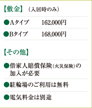 【敷金】（入居時のみ）●Aタイプ　162,000円　●Bタイプ　168,000円　【その他】●借家人賠償保険（火災保険）の加入が必要　●駐輪場のご利用は無料　●電気料金は別途